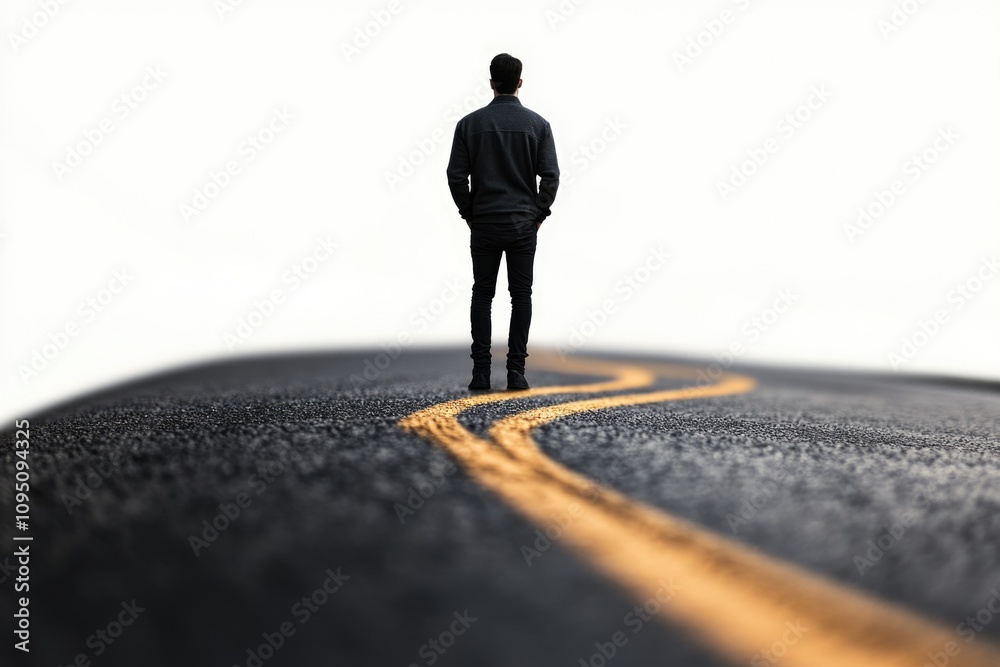A person standing alone on a road, providing space for any theme or story A person standing alone on a road, providing space for any theme or story