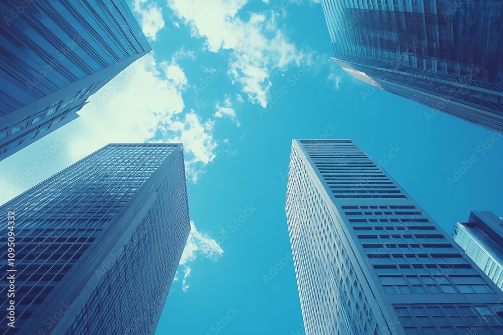 Elevated View Steel and Glass Skyscrapers, Blue Sky Reflection
