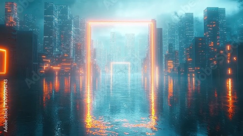 Neon Cityscape with Glowing Gates and Reflections on Water