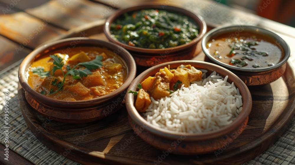 Indian cuisine rice, curry, and vegetable dishes served in terracotta bowls on a wooden tray. Indian cuisine rice, curry, and vegetable dishes served in terracotta bowls on a wooden tray.