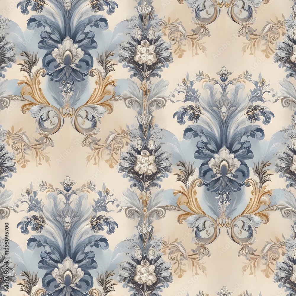 seamless victorian pattern in blue, grey and bei Generative AI seamless victorian pattern in blue, grey and bei Generative AI