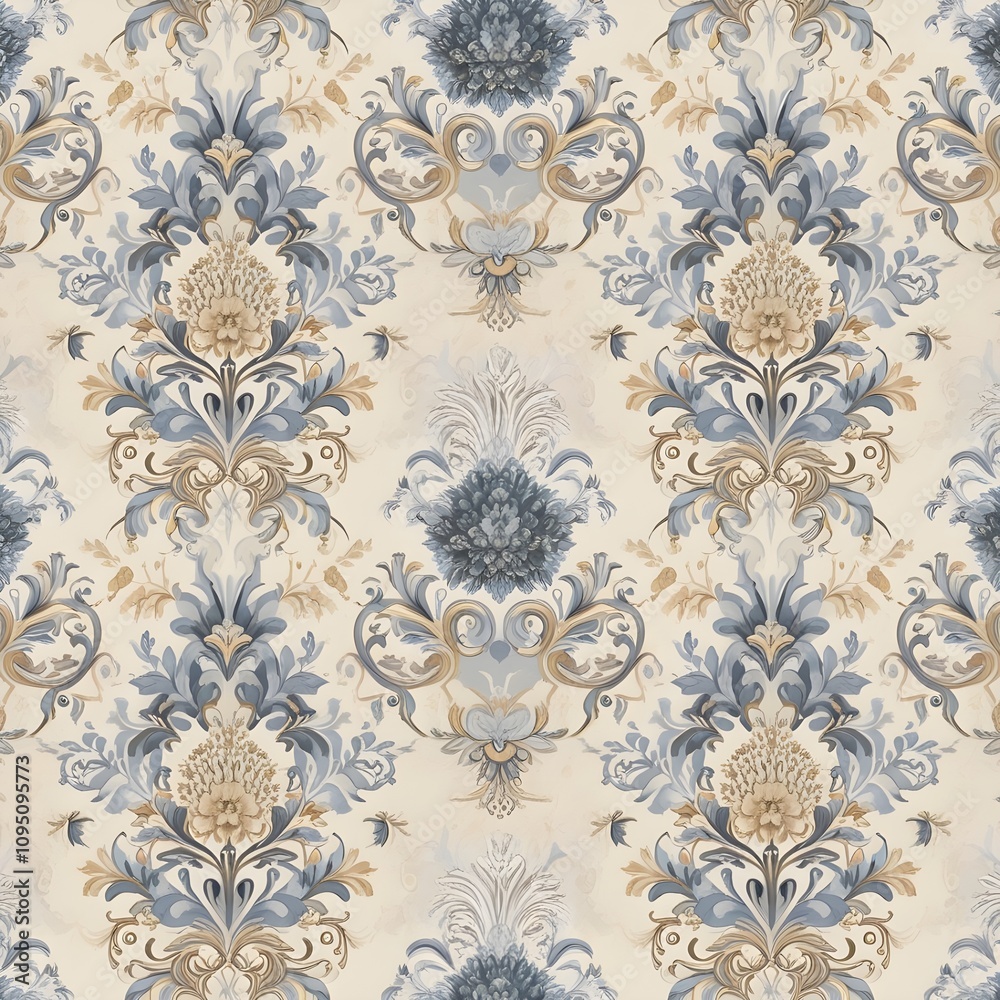 seamless victorian pattern in blue, grey and bei Generative AI