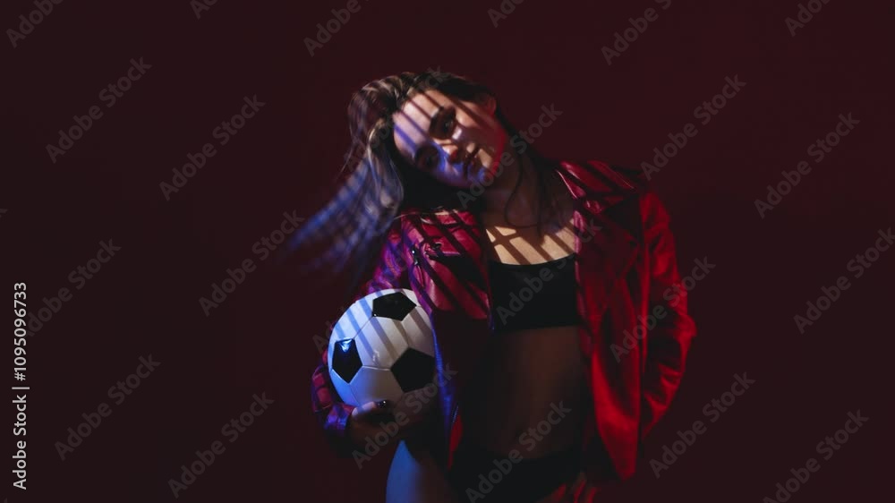 A beautiful sexy girl wearing red leather underwear and a red leather jacket holds a black and white soccer ball on a red background. A beautiful sexy girl wearing red leather underwear and a red leather jacket holds a black and white soccer ball on a red background.