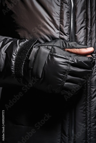 A person dressed in a black jacket and gloves, focus on their outfit