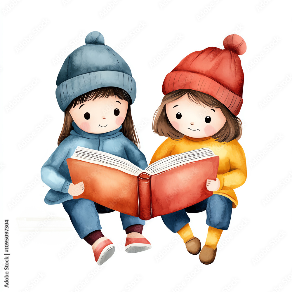 Two children reading a large book together. Two children reading a large book together.