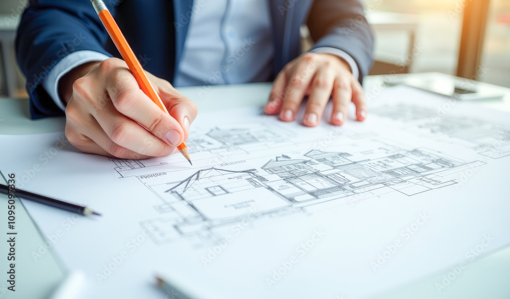 The architect's hand draws a building plan , close-up The architect's hand draws a building plan , close-up