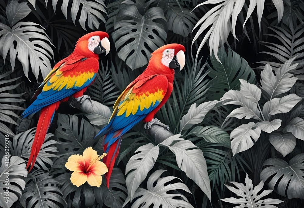 Tropical exotic pattern with animal and flowers in bright colors and lush vegetationn Tropical exotic pattern with animal and flowers in bright colors and lush vegetationn