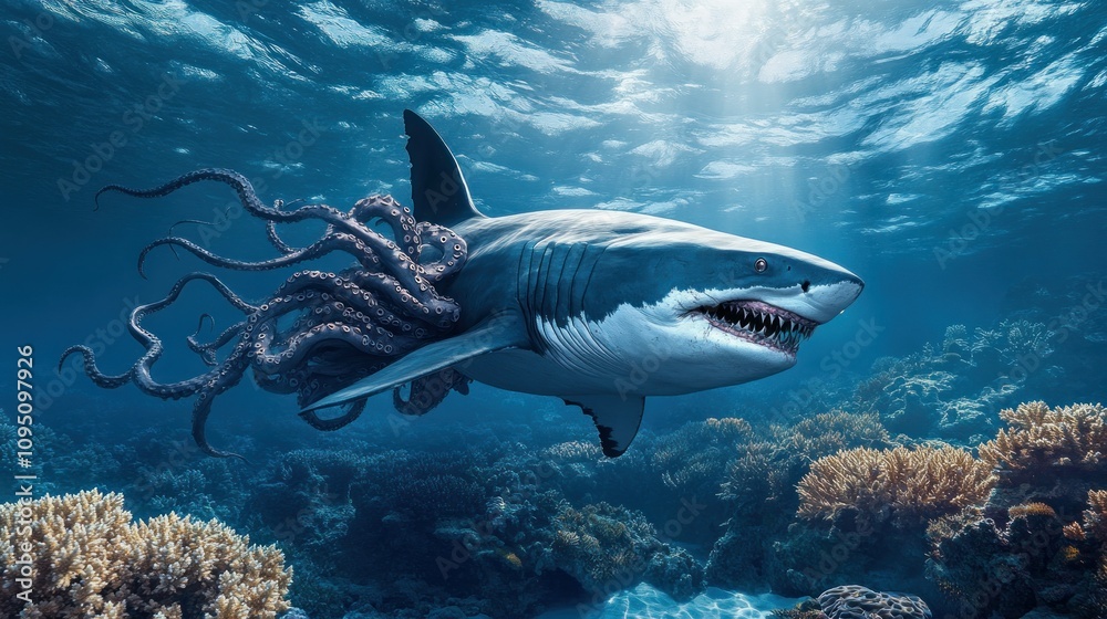 Naklejka premium Shark predators fused with the long, writhing tentacles of an octopus background wallpaper AI generated image