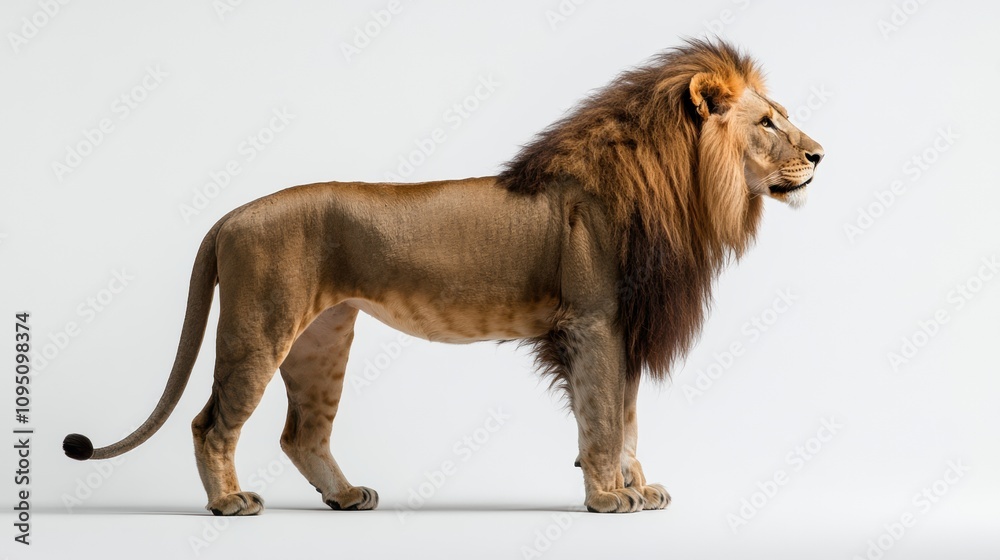 Obraz premium A majestic lion stands poised against a plain background, showcasing its powerful form.