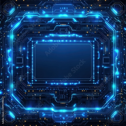 Futuristic Circuit Board with Glowing Blue Neon Lights - High-Tech Computer Chip Technology Background for Digital Innovation and Cybersecurity Themes