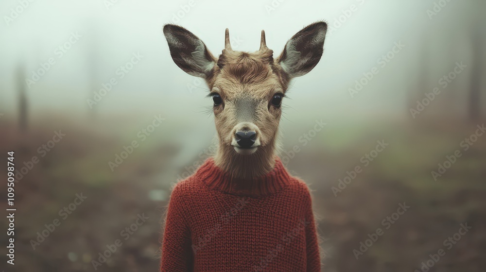 Fototapeta premium Cute Reindeer in Red Sweater Winter Foggy Forest Wildlife Photography