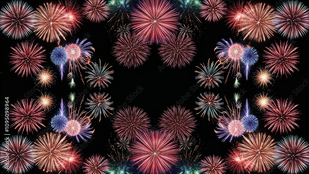 Symmetrical fireworks create mesmerizing patterns at night sky. Symmetrical fireworks create mesmerizing patterns at night sky.