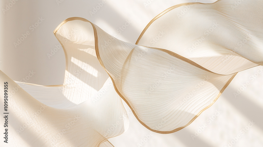 Elegant Flowing Sheer Fabric with Golden Edges in Soft Sunlight, Minimalist Beige and Neutral Textured Textile Design Elegant Flowing Sheer Fabric with Golden Edges in Soft Sunlight, Minimalist Beige and Neutral Textured Textile Design