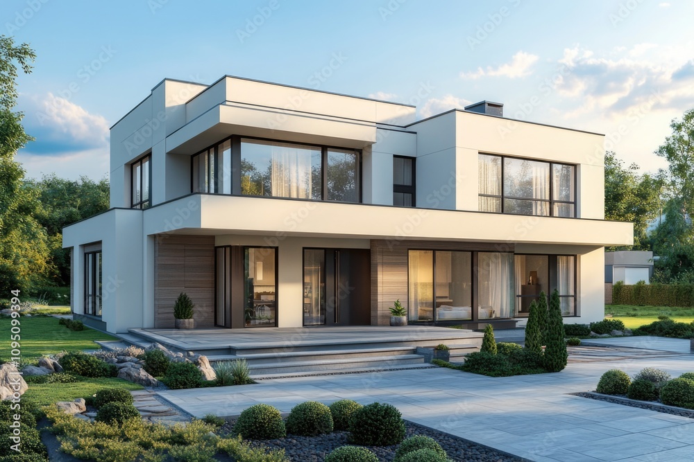 A modern home with numerous windows, perfect for architectural or design concepts A modern home with numerous windows, perfect for architectural or design concepts