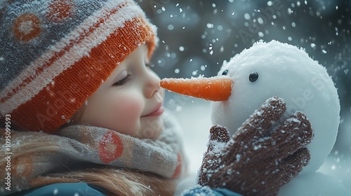 A child’s mittened hand carefully positioning a carrot nose onto a snowman’s blank face, close-up details of frost and fabric textures, soft snow falling in the scene, Canon EOS R6 with 20mm lens, photo