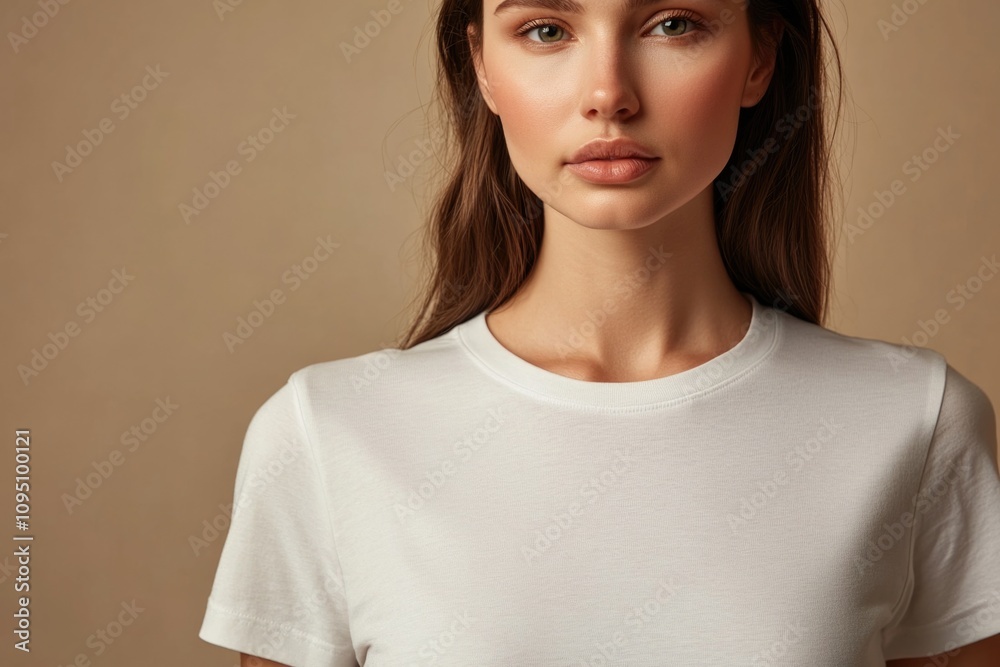 A woman wearing a white t-shirt and black pants, straightforward description