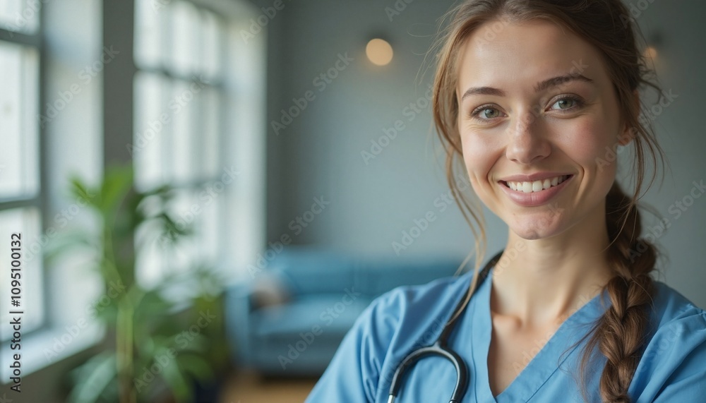 Smiling Healthcare Worker Radiating Positivity in Serene Medical Setting Smiling Healthcare Worker Radiating Positivity in Serene Medical Setting