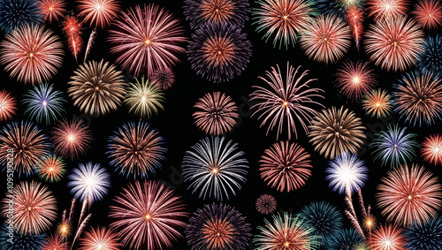 Colorful bursting fireworks display in night sky celebration