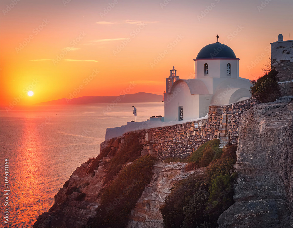 A picturesque church with a blue dome overlooking a stunning sunset over the Aegean Sea A picturesque church with a blue dome overlooking a stunning sunset over the Aegean Sea