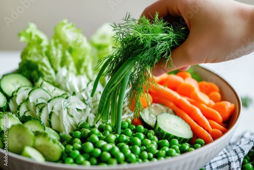 A person collecting various veggies from a bowl, perfect for food related or lifestyle concepts photo