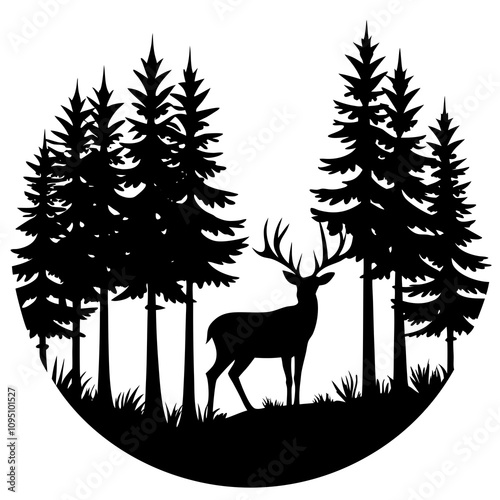 silhouette of a dense forest with a deer grazing