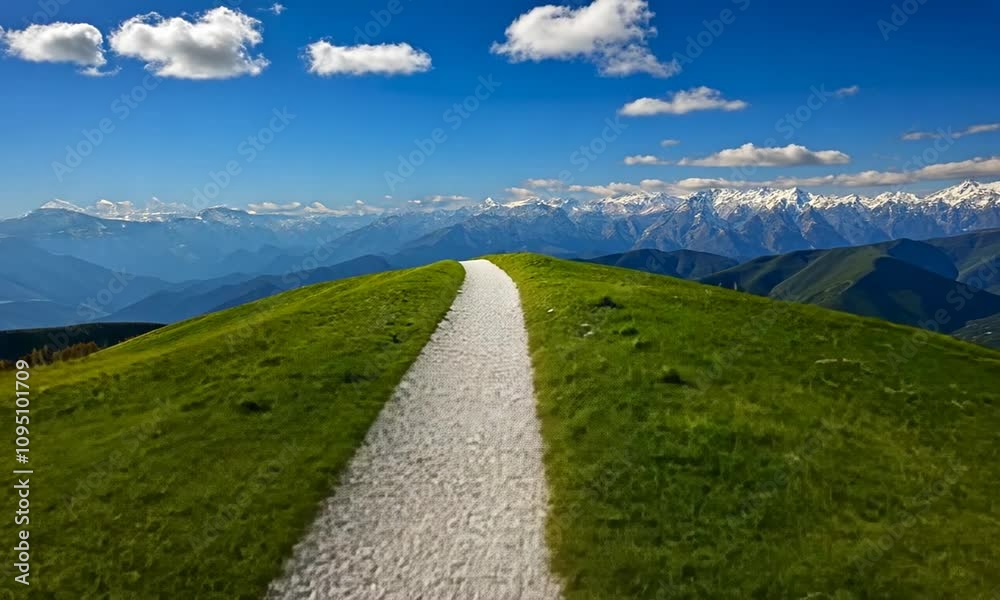 Winding gravel path across a grassy alpine hilltop with distant mountains.