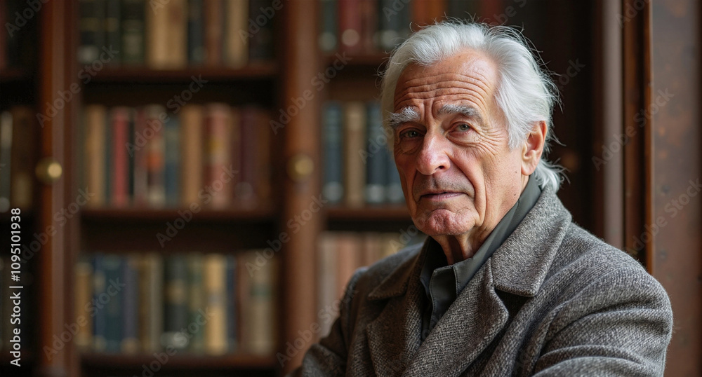 Elderly man with thoughtful expression in library setting Elderly man with thoughtful expression in library setting