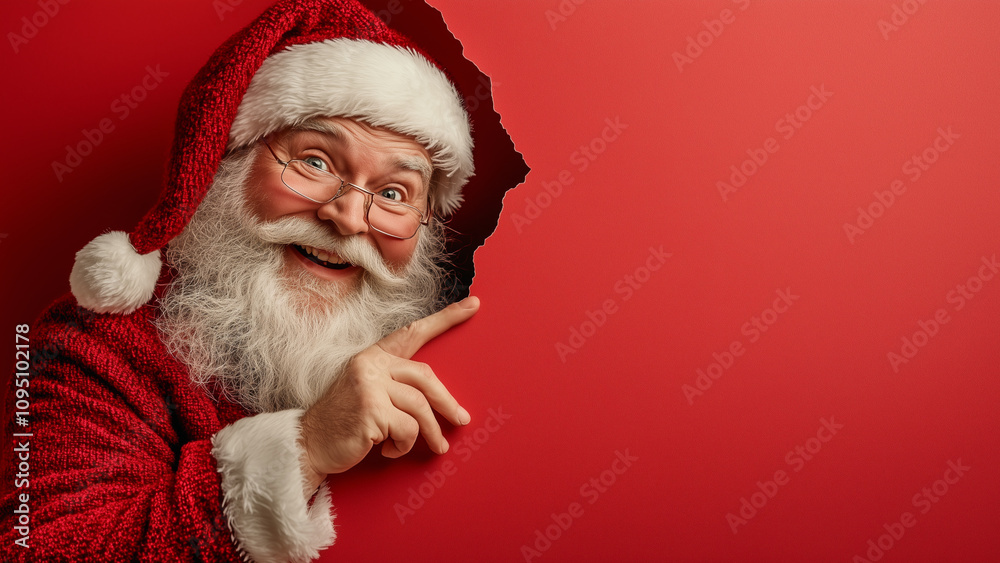 santa claus pointing at copy space, empty red background santa claus pointing at copy space, empty red background