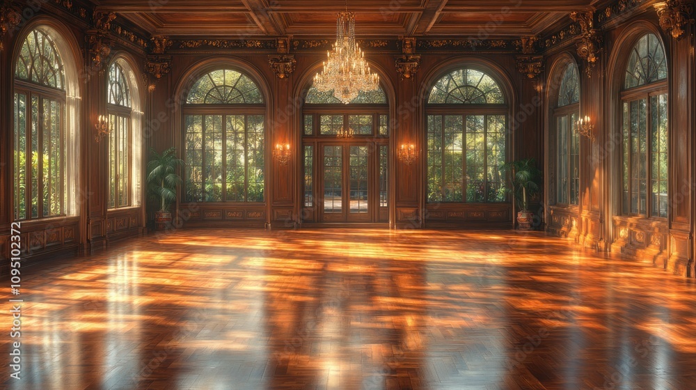 Fototapeta premium Sunlit Elegance: A Grand Ballroom's Golden Hour