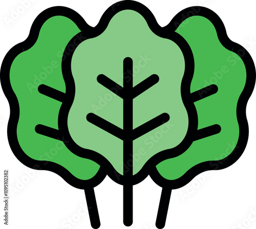 Simple icon depicting three vibrant green lettuce or spinach leaves attached to stems, symbolizing fresh produce and healthy eating habits