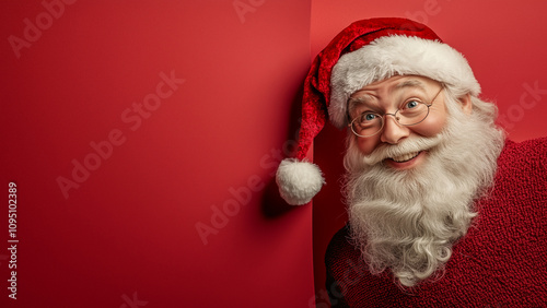 santa claus pointing at copy space, empty red background