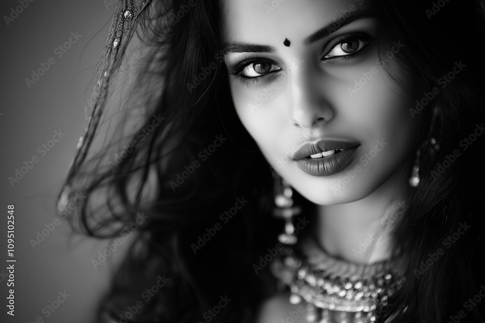 Soft black-and-white portrait of an Indian woman with minimal jewelry and natural light. Soft black-and-white portrait of an Indian woman with minimal jewelry and natural light.
