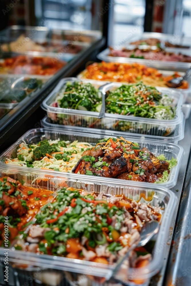 A collection of trays filled with various foods, placed on a countertop A collection of trays filled with various foods, placed on a countertop