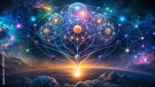 Abstract cosmic mind map illustrating neural connections and vibrant energy flow
