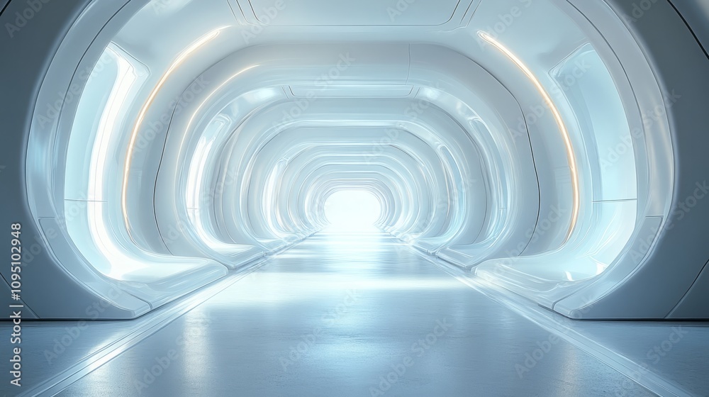 Futuristic White Corridor in a Spaceship or Advanced Building with Sci-Fi Design Futuristic White Corridor in a Spaceship or Advanced Building with Sci-Fi Design