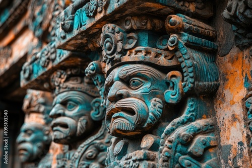 A close-up view of a statue's face on a building, suitable for architectural or historical contexts