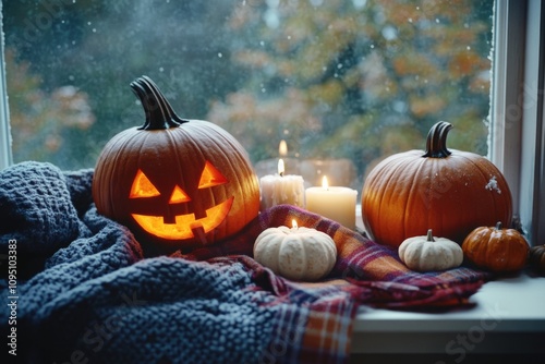 A pair of pumpkins sitting on a windowsill, perhaps for Halloween decoration or fall display