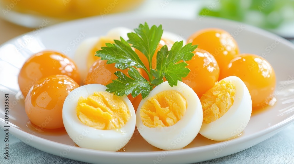Delicious Hard Boiled Eggs with Parsley Garnish Healthy Food Photography Delicious Hard Boiled Eggs with Parsley Garnish Healthy Food Photography