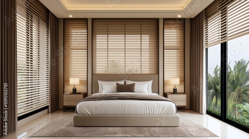 Modern Bedroom Interior Design Luxury Bed Blinds Large Window Tropical View