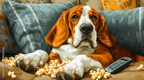 A humorous cartoon-style illustration of a basset hound lounging on a couch with a TV remote in one paw and popcorn scattered around, set in a cozy living room scene.