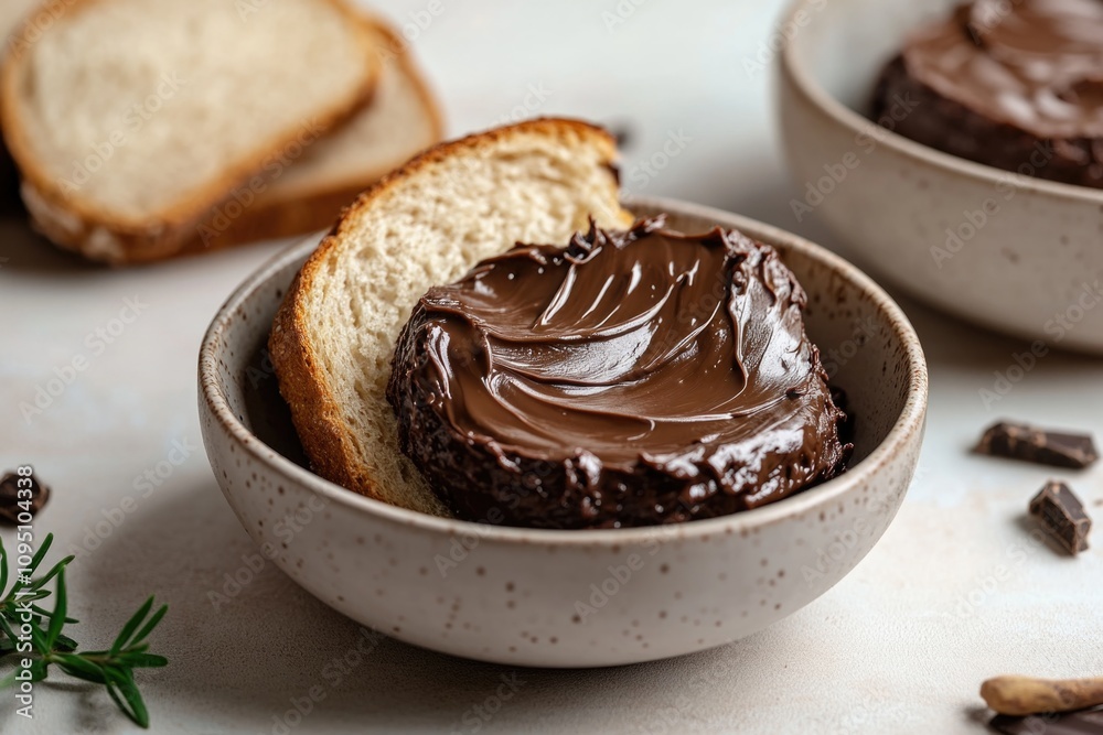A bowl filled with rich chocolate frosting sits next to a slice of fresh bread, perfect for a sweet treat A bowl filled with rich chocolate frosting sits next to a slice of fresh bread, perfect for a sweet treat