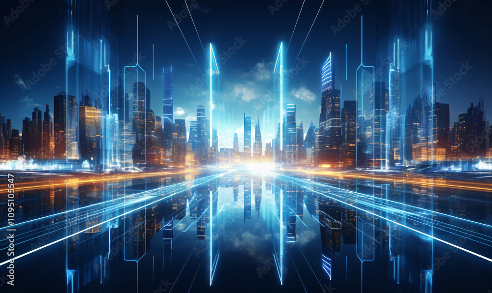 Global business concept 3D illustration showing data connection and fast information transfer between data nodes throughout the city. Global business concept 3D illustration showing data connection and fast information transfer between data nodes throughout the city.