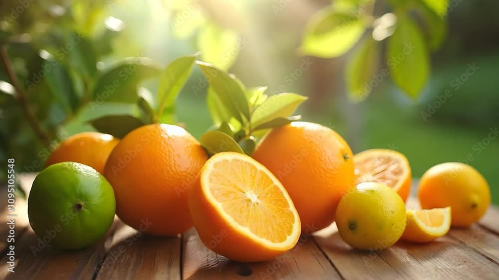 Fresh Citrus Fruits: Oranges, Lemons, and Limes, Sunlight, Wooden Table, Healthy Food, Vitamin C