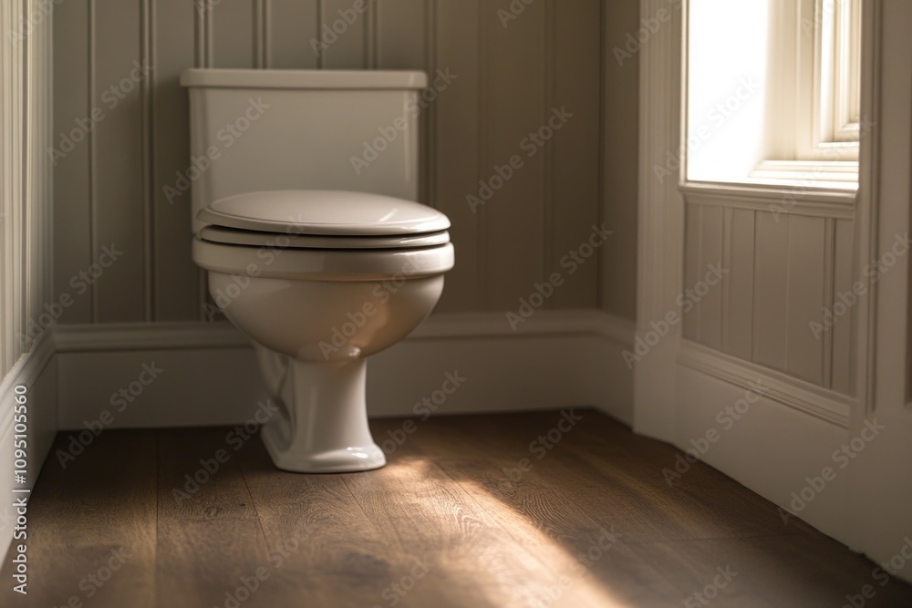 A white toilet is situated in a modern bathroom beside a window A white toilet is situated in a modern bathroom beside a window