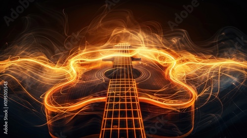 Fiery guitar in smoke.