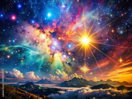 Stunning Double Exposure of Stellar Classification by Colors and Temperature Featuring a Celestial Background with Vibrant Star Colors and Harvard Spectral Classification Elements