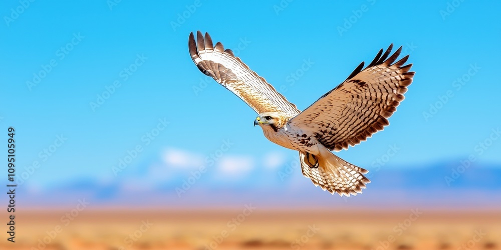 Naklejka premium Majestic Falcon Flying Over Desert Landscape with Bright Blue Sky and Distant Mountains in Background Capturing the Beauty of Nature and Wildlife
