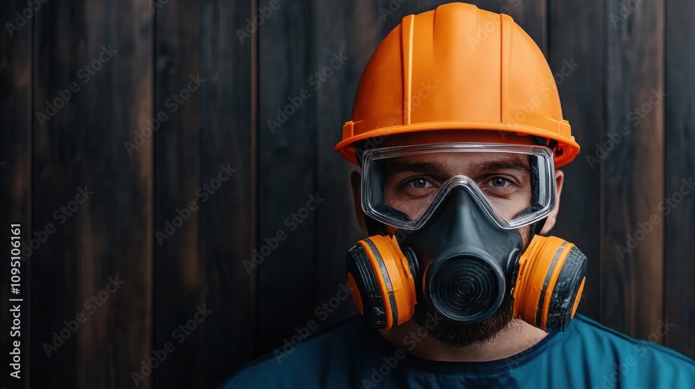 Portrait of a worker wearing a safety helmet and respirator mask in a wood-paneled environment, emphasizing health and safety in industrial settings Portrait of a worker wearing a safety helmet and respirator mask in a wood-paneled environment, emphasizing health and safety in industrial settings