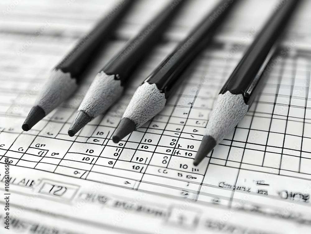Photo, Pencils on Grid Paper, Office Supplies, Stationery, Black and White Photo, Pencils on Grid Paper, Office Supplies, Stationery, Black and White