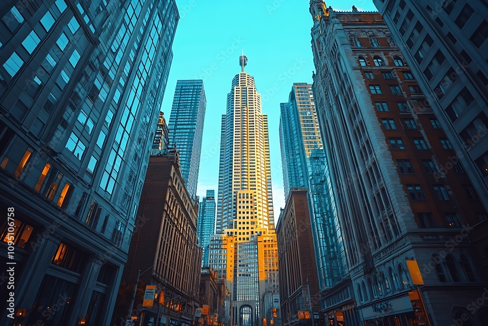 Fototapeta premium Golden Hour City Street Anonymous Figures in Suits, Depth of Field